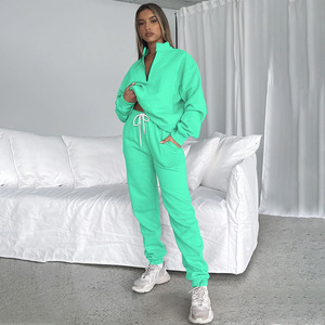 2025 kıyafet kadınlar yeni katı renk fermuar 2 parça kazak uzun kollu kazak Joggers özel Logo iki parçalı moda pantolon takım - Product Image 4