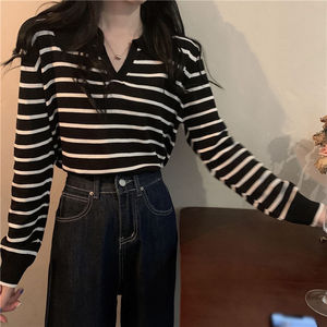 <b>Striped</b> V-Neck Long Sleeve Knit Top For Women Spring Autumn Thin Viscose Fiber <b>Sweater</b> Regular Sleeves <b>Black</b> Apricot Green - Product Image 5