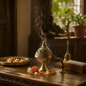 Brass Incense Burner <b>With</b> Intricate Design For Religious Use Indian Style Aromatherapy <b>Diffuser</b> All-Season Decorative Piece - Product Image 1