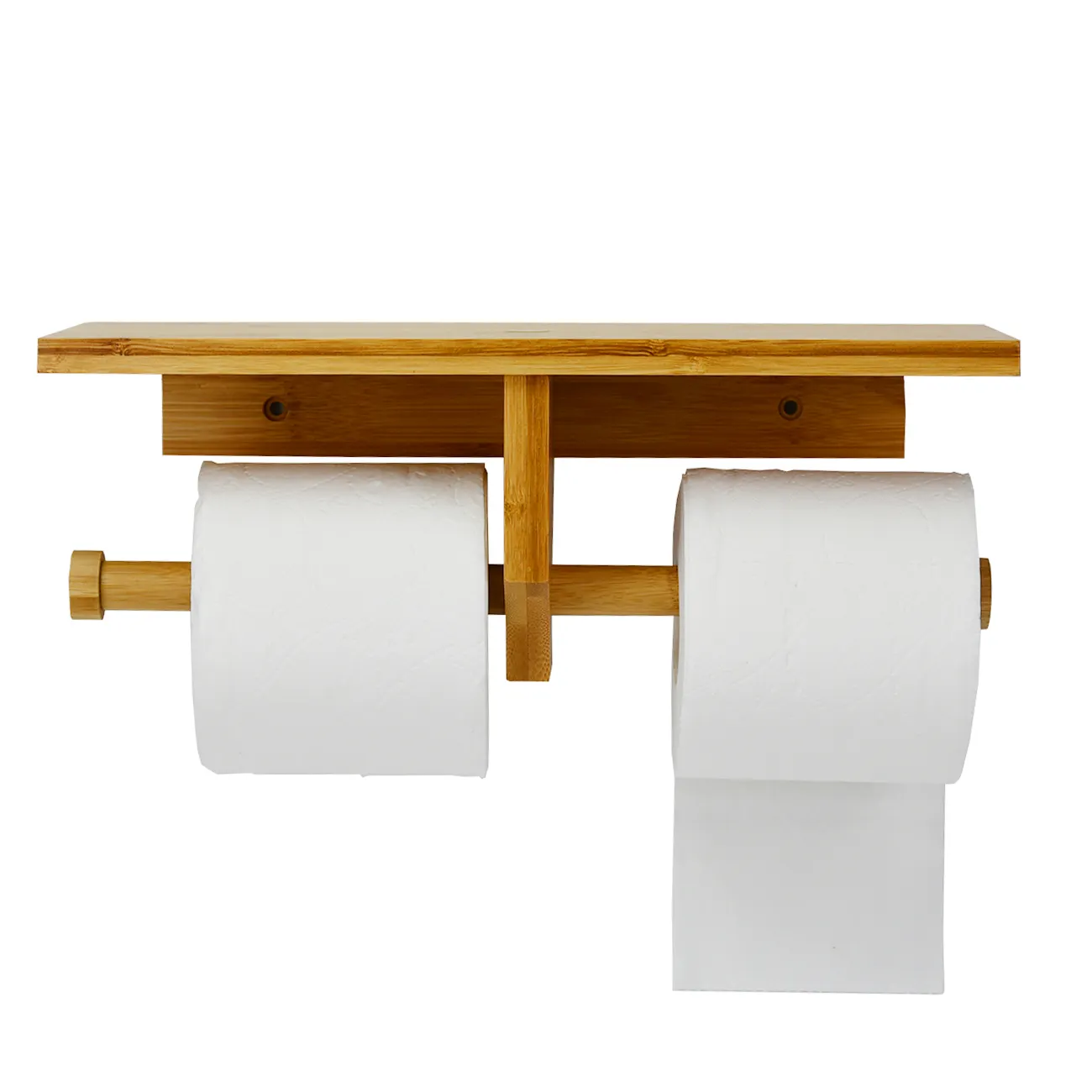 Wandgemonteerde 100% Bamboe Toiletpapier Opslag Dubbele Rol Tissuehouder Dispenser Met Plank Voor Badkamer