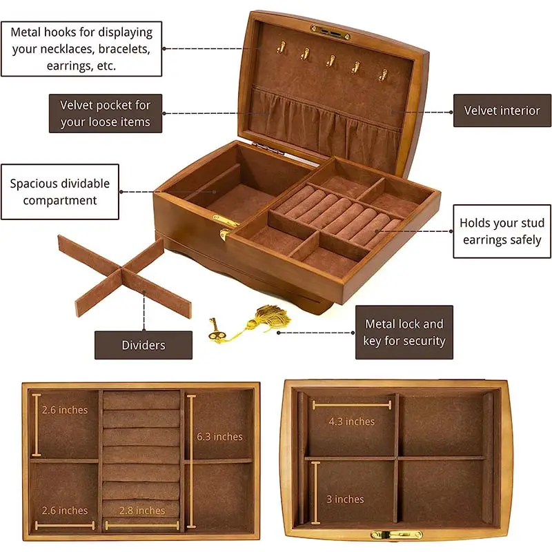 Damen-Schmuckschatulle aus Holz mit Schloss und Schlüssel, mittelmäßiger Naturholz-Aufbewahrungsbox großer Speicherplatz