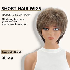 Parrucche Corte HD in Sette Colori con Frangia, Marrone Scuro Misto Biondo per Donne, Fibra Sintetica Liscia Senza Pizzo, Personalizzabile - Product Image 2