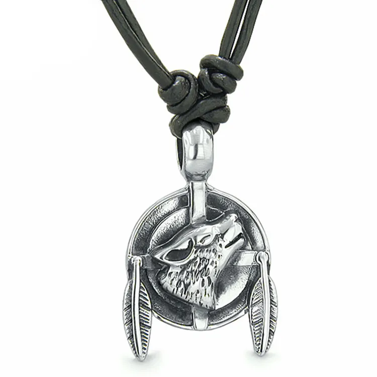 Adjustable Leather Stainless Steel Norse Viking Animal Wolf Necklace Pendant for men