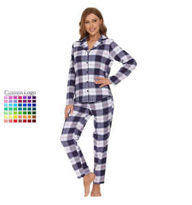 Pyjama long pour <span class=keywords><strong>femme</strong></span> en coton 100% avec taille élastique, respirant, à carreaux, <span class=keywords><strong>ensemble</strong></span> de vêtements de nuit, logo personnalisé, OEM, vente en gros - Product Image 1