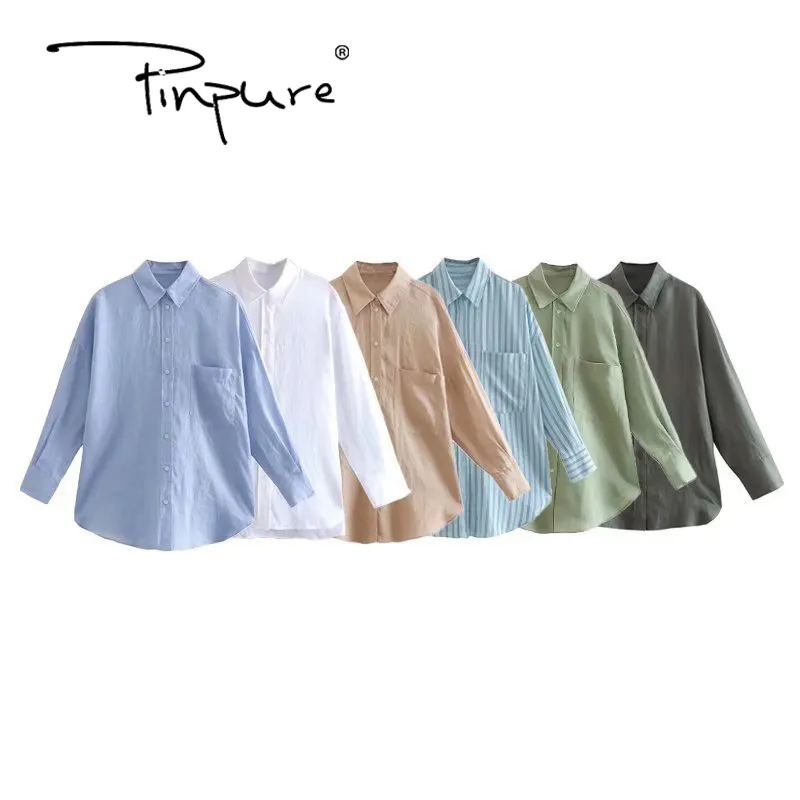 Blusa veraniega de lino con manga larga para otoño, camisa versátil de lino con botones y bolsillos para mujer, con solapa frontal, abertura lateral, 2022, R30340S
