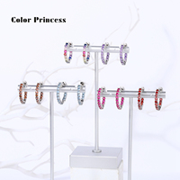 Boucles d'oreilles créoles Huggie en argent sterling 925 avec saphir bleu et zircon cubique pour femme