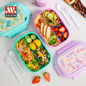 Boîte à <span class=keywords><strong>lunch</strong></span> bento Haixin 1100 ml réutilisable à trois compartiments pour enfants, en plastique, avec motifs de dessins animés, avec couverts, sans bouteille - Product Image 4