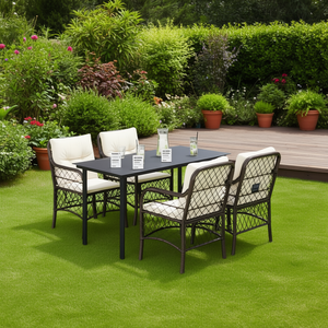 Set da Pranzo da Giardino Marrone Crema Nero 4 Posti con Telaio in Metallo Resistente alle Intemperie Arredamento da Esterno Design Contemporaneo - Product Image 2