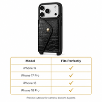 Étui de téléphone en cuir véritable, étui portefeuille, texture d'alligator noir, fermeture à pression dorée, protection intégrale pour iPhone 18 Pro Max Duo