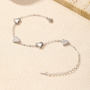 S925 Silver Women's Heart Chain <b>Bracelet</b> With Crystal Rhinestone Pave Setting Romantic Everyday Wear - Product Image 3