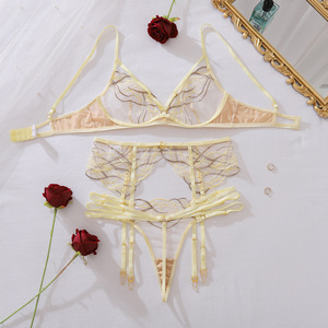 Winter New Arrivals Light Yellow Sheer Contrast-Striped Embroidered Underwire Shaping Bra Lingerie With Separate Three-Piece Set - Product Image 3