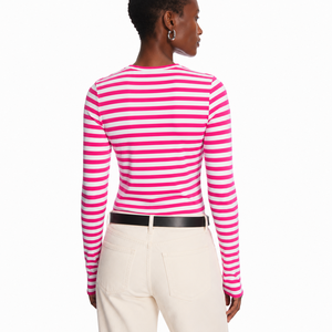 Camisa de manga larga a rayas rosa y blanca para mujer – Camisa informal de manga larga con cuello redondo y corte ajustado – Moda casual premium - Product Image 2