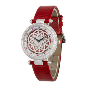 Relojes de Pareja de Acero Inoxidable con Diamantes, Cristal de Zafiro, Resistentes al Agua 30M, Movimiento Ronda, Correa de Cuero Roja - Product Image 2