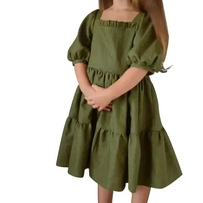 Gaun anak perempuan musim panas anak-anak balita warna polos gaun gaya manis kasual katun linen