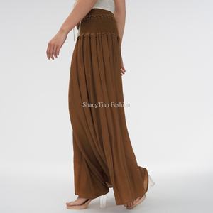 กระโปรงยาวทรงเอไลน์ผ้าถักจีบพลีทเอวสูงสไตล์รีสอร์ทสำหรับผู้หญิง ขายดี - Product Image 1