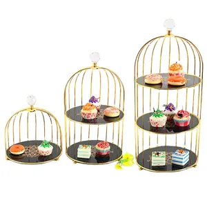 Fournitures de décoration de mariage et de noël présentoir à thé à 2 niveaux cage à oiseaux anneau en fil métallique support à gâteau