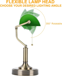 Retro màu xanh lá cây Thủy Tinh ngân hàng Đèn bàn cổ đèn bàn với cơ sở đồng thau đèn thư viện truyền thống với chuỗi kéo cổ điển - Product Image 5