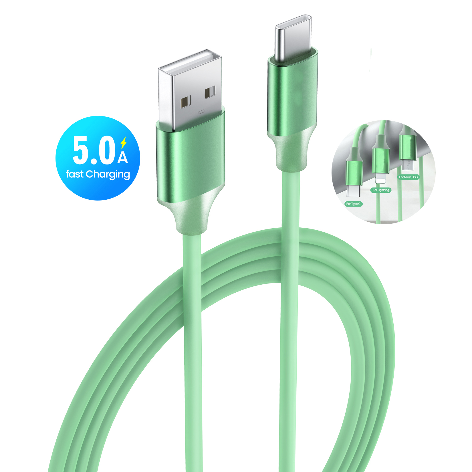 Лидер продаж на Amazon, пользовательский 1 м зеленый ПВХ 6 А USB-кабель для передачи данных и быстрой зарядки, Usb-кабель типа C 5 А для мобильного телефона