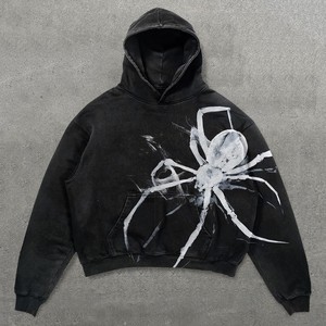 Felpa con Cappuccio con Grafica Punk di Ragno e Farfalla, Pullover Oversize Nero Effetto Lavato Retrò Unisex, Felpa Streetwear Grunge - Product Image 5