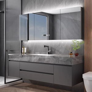 Mueble de baño suspendido de diseño minimalista con lavabo integrado de losa de mármol estilo hotel y espejo inteligente. - Product Image 1