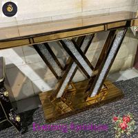 Table console de meubles en verre miroir or rose étincelant en diamant écrasé