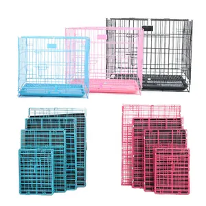 Folding Metal Pet Cage Double Door Panel Tray Wire Cage Dog Kennel Leak-proof Plastic Animal Indoor Outdoor Collapsible Letter