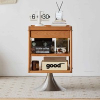 Table de chevet moderne en bois avec 2 tiroirs, piétement conique en métal unique, rangement multi-niveaux, meuble de chambre, décoration intérieure