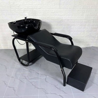 Fauteuil de lavage professionnel robuste en fer forgé noir avec revêtement en cuir PU confortable, ensemble complet pour salon de coiffure commercial