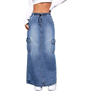 Falda vaquera lavada versátil nueva personalizada Falda vaquera larga con bolsillo vintage - Product Image 1