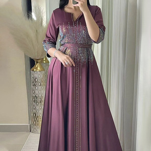 2025 vestido de cintura de manga larga forjado musulmán de Oriente Medio vestido de cena de diamantes prensado en caliente para mujer - Product Image 1