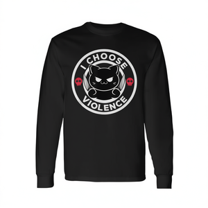 T-shirt a maniche lunghe I Choose Violence Cat, girocollo unisex, stampa serigrafica, design promozionale - Product Image 3