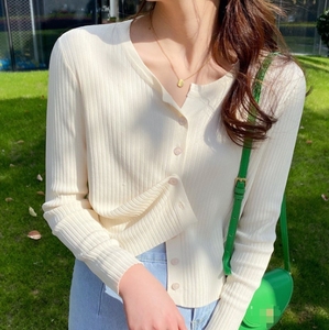 Maglione con scollo a v in <span class=keywords><strong>seta</strong></span> di ghiaccio da <span class=keywords><strong>donna</strong></span> primavera e autunno nuovo Cardigan a maniche lunghe in tinta unita - Product Image 5