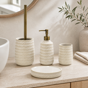 Ensemble de salle de bain en céramique gaufrée de style européen moderne, texture géométrique, 4 pièces : distributeur de savon/lotion, porte-savon, porte-brosse WC - Product Image 2