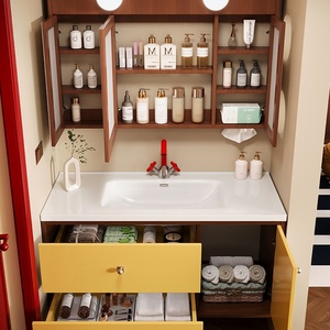 Mueble de <span class=keywords><strong>Baño</strong></span> Moderno Minimalista, Diseño Inspirado en el Estilo <span class=keywords><strong>Bauhaus</strong></span>, Espejo de Pared Incluido, Lavabo de Cerámica de una Pieza - Product Image 4