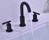 Keran Wastafel dan Bak Cuci Kamar Mandi dengan Katup Keramik Termostatik 3 Lubang, Gagang Ganda, Warna Hitam Matte, Pemasangan di Atas Meja, Dilengkapi Saluran Pembuangan Pop-Up