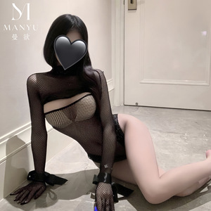 Sexy see-through <b>fishnet</b> bodysuit, hot and alluring lingerie without needing to be removed, see-through stand-up collar mesh - Product Image 4
