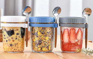 Bocal à <span class=keywords><strong>yaourt</strong></span> carré en verre de 350ml avec bouchon à vis avec couvercle <span class=keywords><strong>et</strong></span> cuillère pour l'<span class=keywords><strong>avoine</strong></span> de nuit pour les collations à emporter - Product Image 4