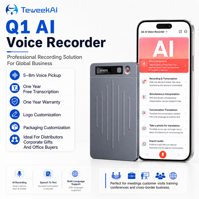 Q1 AI Voice Recorder 64GB Smart Audio Device Unlimited Transcription Multi Language Cloud Backup Meeting Office