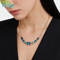 Collier de clavicule en acier inoxydable 316 avec revêtement PVD or épais de 3 microns maximum, perles incrustées de grand zircon bleu et breloque