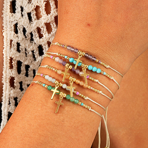 New Boho Fashion Jewelry 18k Gold Plated Stainless Steel Cross Charm Natural Stone Beads Adjustable <b>Beaded</b> <b>Bracelet</b> for Women - Product Image 1