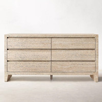 Console multimédia élégante en travertin beige à 6 tiroirs, meuble de rangement moderne et organique, armoires en pierre naturelle