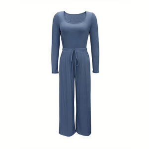Manches longues col carré mince body cravate <span class=keywords><strong>taille</strong></span> jambe <span class=keywords><strong>large</strong></span> <span class=keywords><strong>pantalon</strong></span> tenues femmes deux pièces ensemble pantalons décontractés - Product Image 4