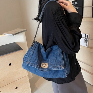 Bolso de Hombro Grande para Mujer 2026, Estilo Retro Casual, de Mezclilla, Tipo Tote y <span class=keywords><strong>Bandolera</strong></span>, con Cadenas, Venta al por Mayor, Azul Sólido, de Gran Demanda - Product Image 2