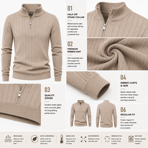 Suéter de punto ligero de lujo con cremallera de un cuarto para hombre, estilo Old Money, informal, para otoño e invierno - Product Image 3