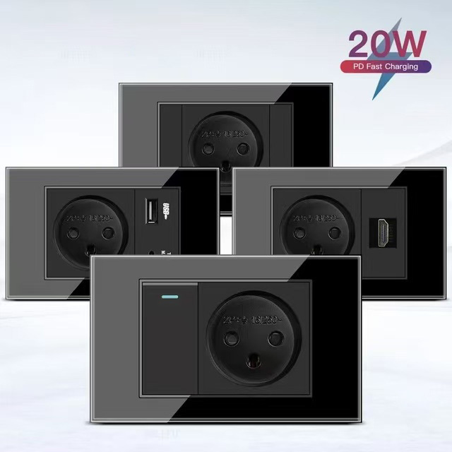 Black Tempered Glass Israel Standard USB Type C Fast Charging Wall Socket Light Switch Satellite TV Telephone CAT5 CAT6
