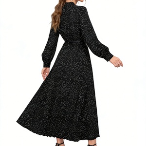 Robe longue plissée à pois pour femme, col noué, manches longues, fluide, style vintage décontracté, tendance - Product Image 3