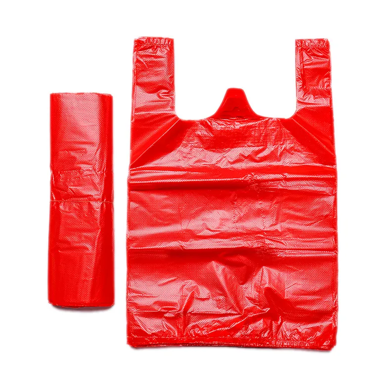 T-shirt belanja plastik kustom tas rompi pembawa rompi plastik tas belanja dengan gagang plastik