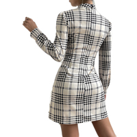 Robe à carreaux pour femmes décontractée élégante classique à manches longues col roulé mini-robe ajustée