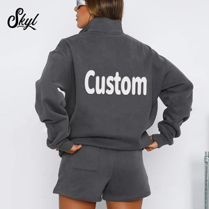 Sweat-shirt à capuche personnalisé pour femmes avec logo en coton Pull à quart de fermeture éclair Pull-over à demi-fermeture éclair surdimensionné Sweat-short Ensemble 2 pièces - Product Image 4