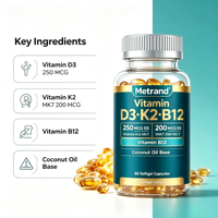 Complément alimentaire Metrand Private Label Vitamine D3 K2 MK7 B12 en gélules à l'huile de coco pour la santé des os, du système immunitaire et du cœur, 60 capsules